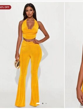 Women's Halter Crop Top & Flared Pants Set - Yellow